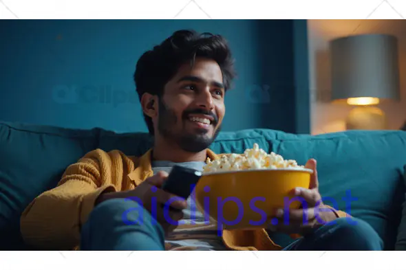 Young Man Watching TV with Popcorn