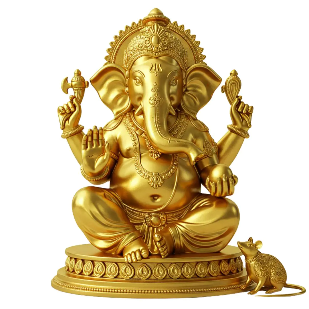 Golden Ganesha Statue with Mouse Companion PNG