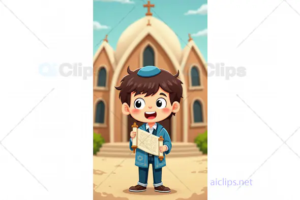 Cartoon Boy with Scroll in Front of Church