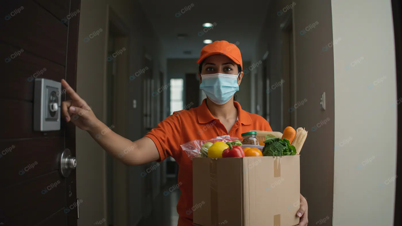 Masked Delivery Worker Ringing Doorbell