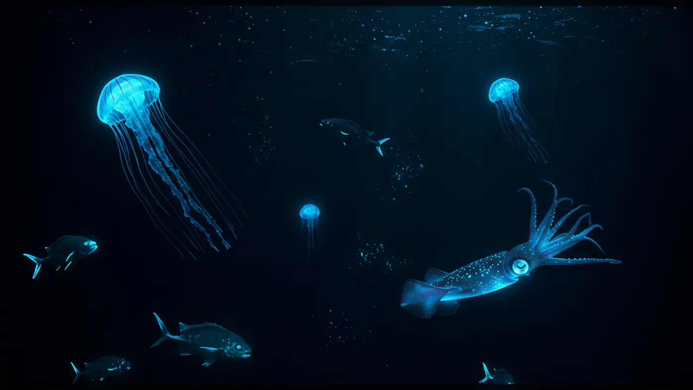 Glowing Jellyfish and Bioluminescent Squid in the Abyss