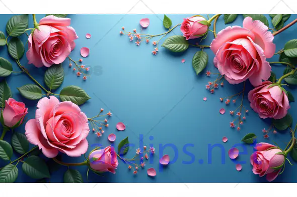 Elegant Pink Roses Floral Frame on Blue Background