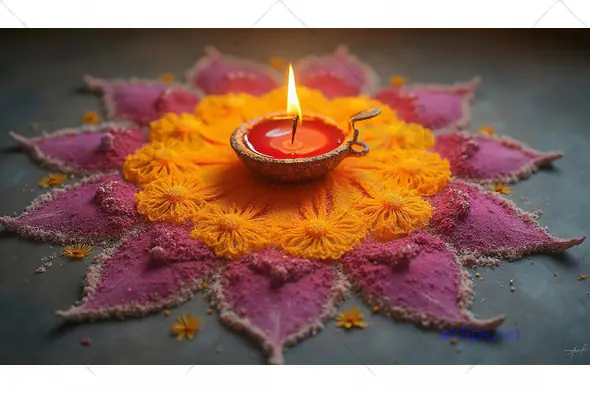 Diya with Floral Rangoli Design for Diwali