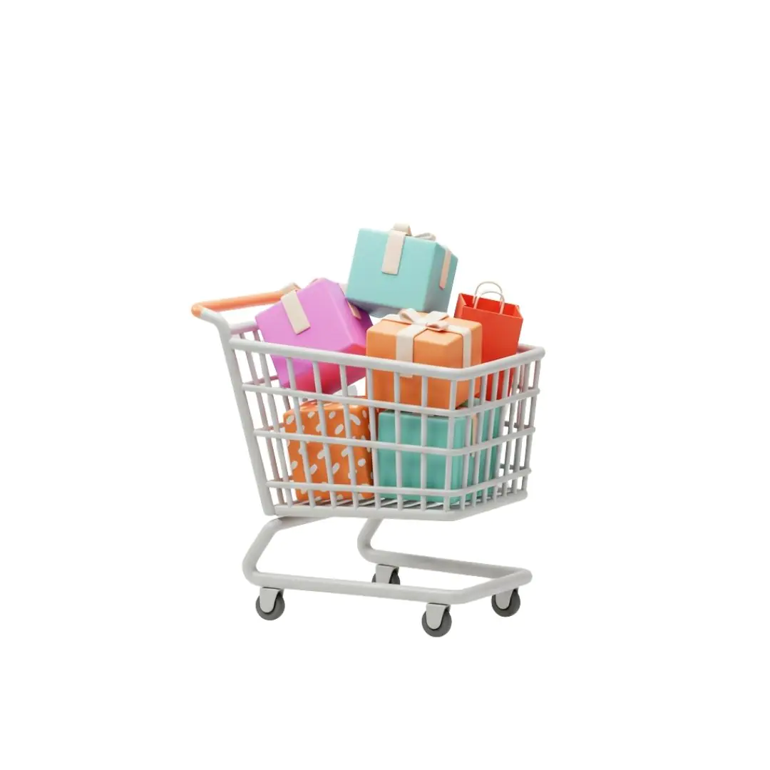 Shopping cart filled with colorful gift boxes
