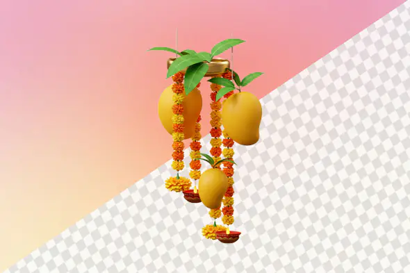 Hanging mango fruits with marigold garlands decoration