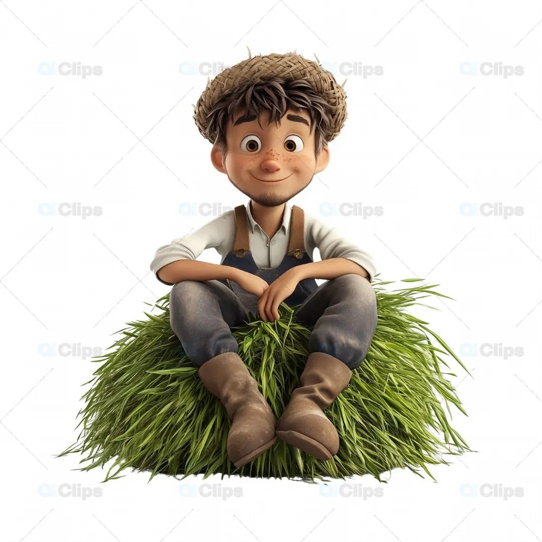 3D Smiling Young Farmer Sitting on Grass