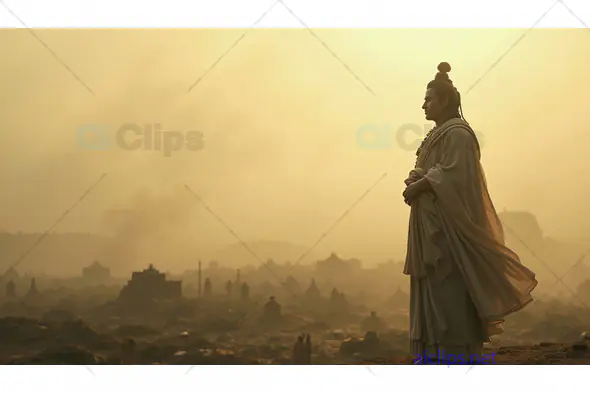 Statue of Buddha Overlooking Ancient Landscape at Sunset