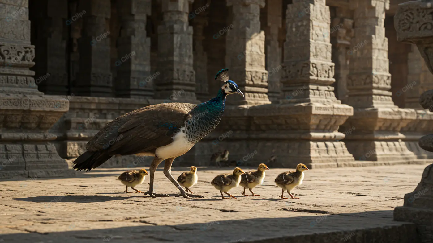 Peacock Family Parade at Ancient Temple