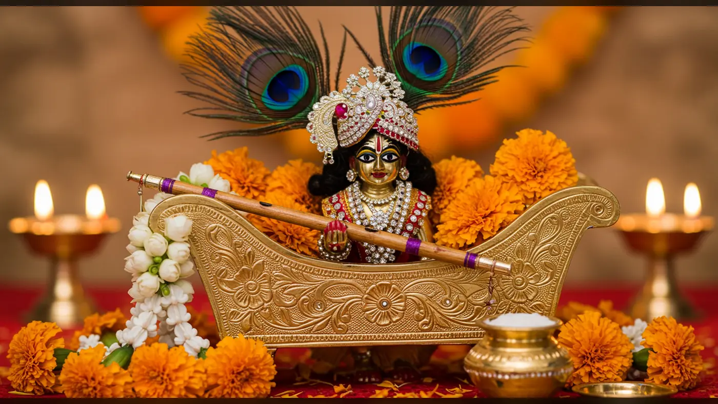 Shri Krishna Idol on Golden Jhula for Janmashtami Puja with Diyas & Flowers | AIClips Festival Image