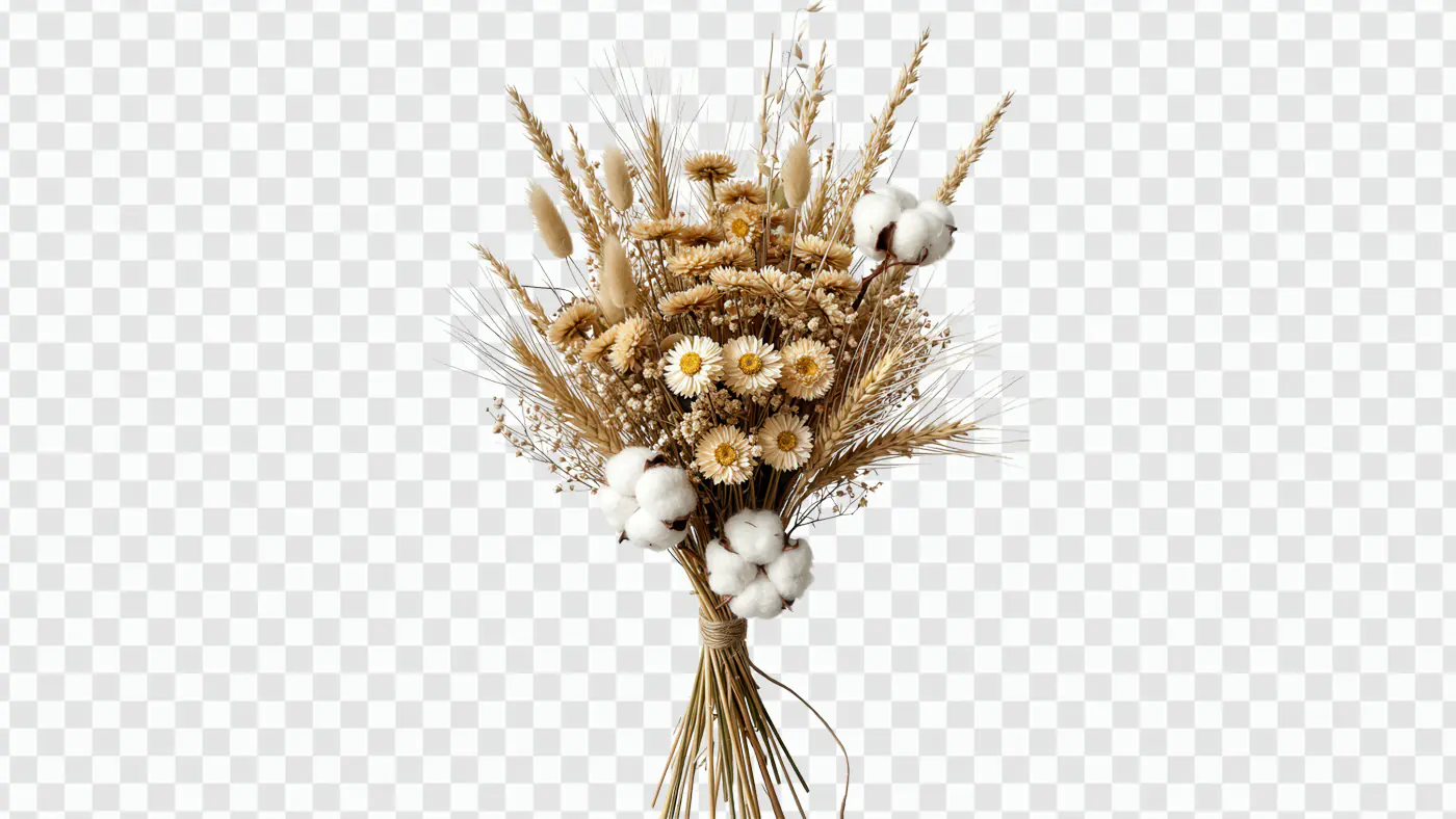 Rustic Dried Floral Bouquet with Cotton PNG