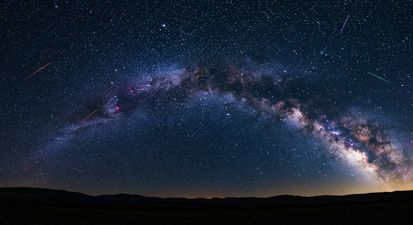 Milky Way Galaxy Arch with Meteor Showers – Night Sky Panorama