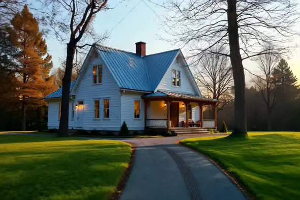 Charming Country House at Sunset with Lush Green Yard | AIClips