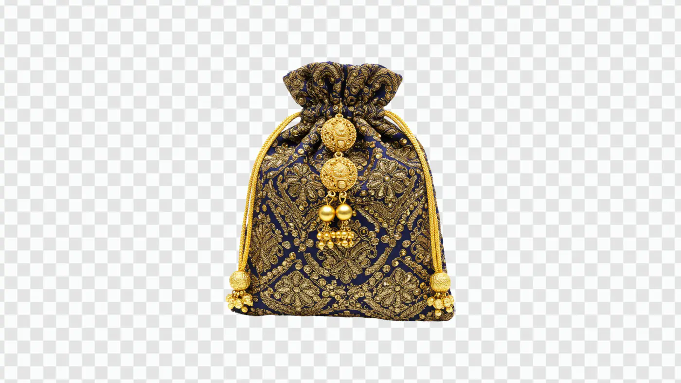 Luxurious Gold-Embroidered Navy Potli Bag PNG Clipart