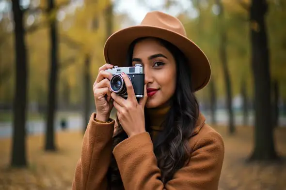 Elegant Photographer in Autumn Park