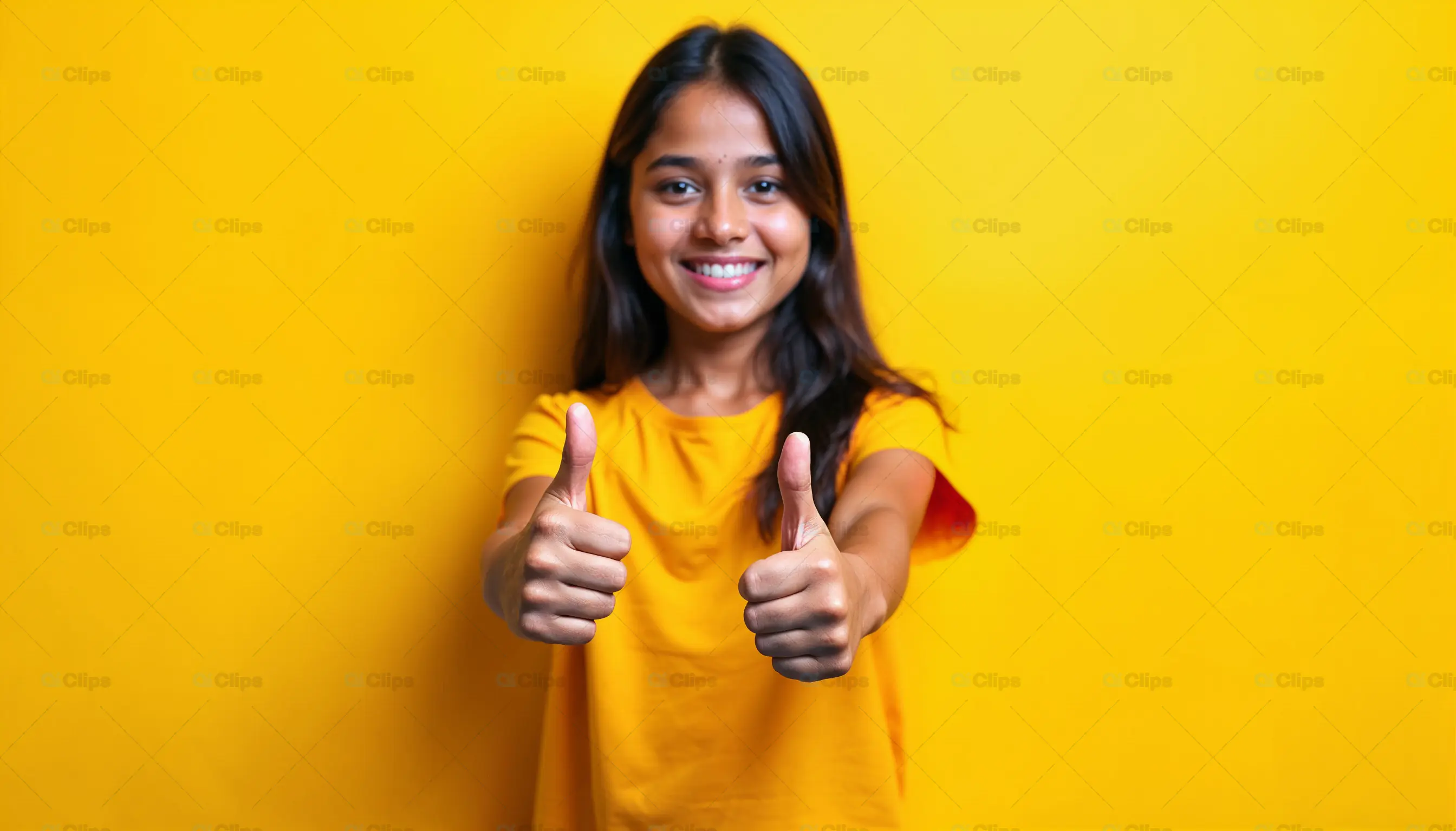 Happy Woman Giving Thumbs Up on Yellow Background