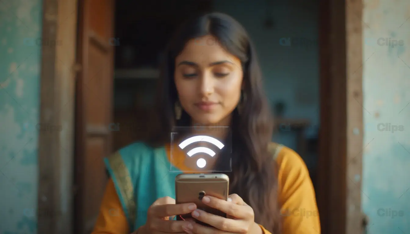 Woman in Traditional Attire with Wi-Fi Icon on Smartphone