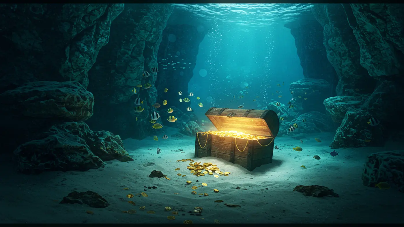 Glowing Treasure Chest in Underwater Cave with Colorful Fish
