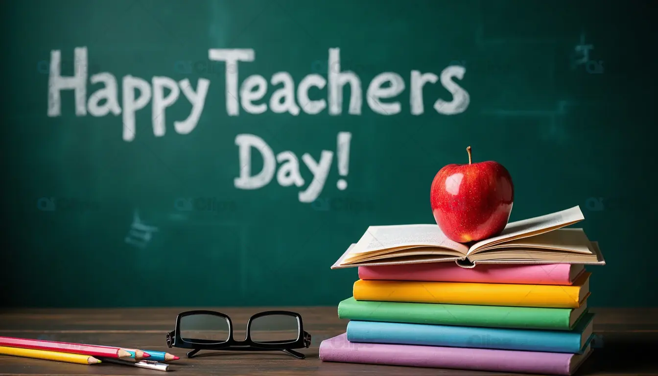 Happy Teacher's Day Chalkboard with Books and Apple