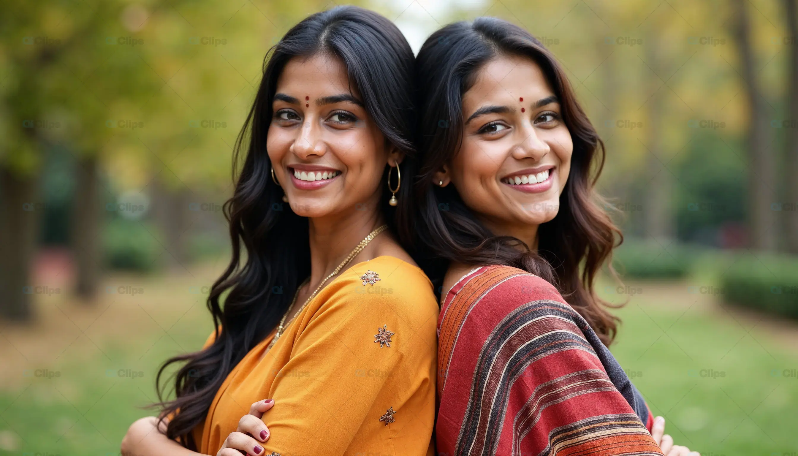 Two Smiling Women Outdoors in Traditional Attire