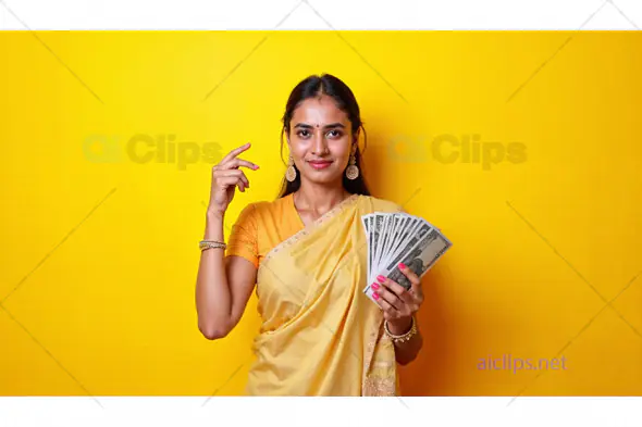 Woman Holding Money in Traditional Saree