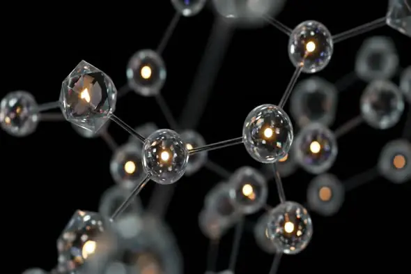 Futuristic 3D Molecular Network with Glowing Spheres and Black Background