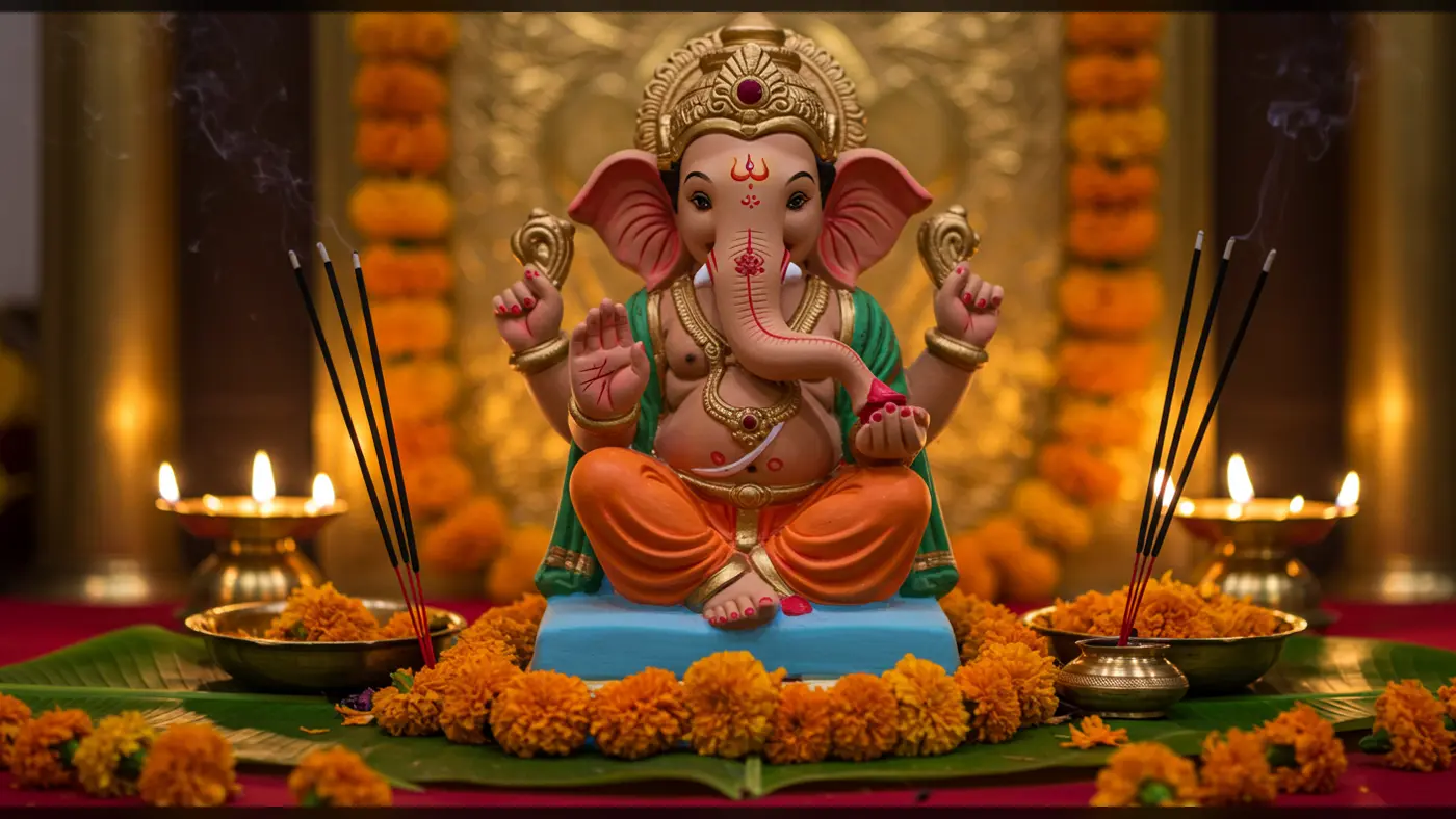Ganesh Chaturthi Decoration with Idol, Diyas & Marigolds | AIClips Indian Festival Visual