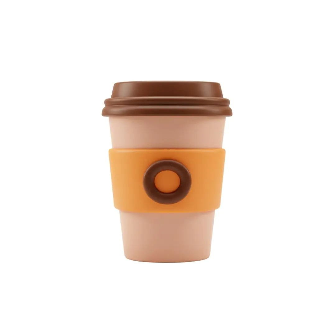 Realistic takeaway coffee cup with orange sleeve design
