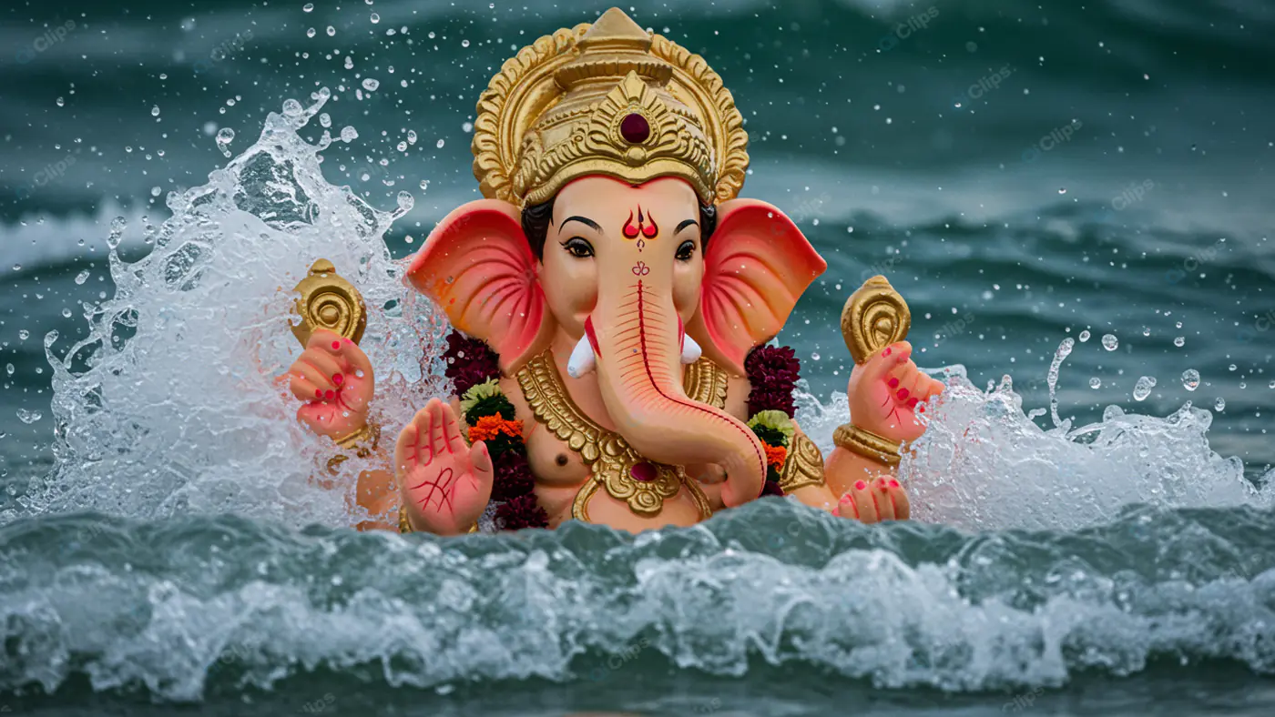 Ganesha Idol Amidst Crashing Waves