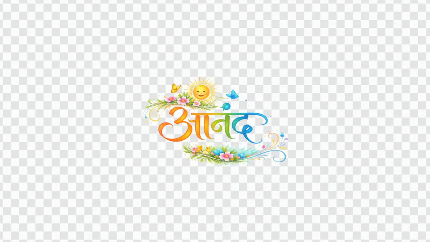 Joyful Anand Hindi Calligraphy with Sun Florals PNG