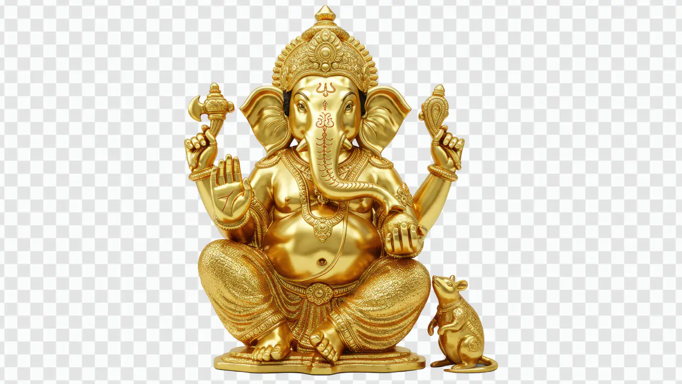 Golden Ganesha Statue with Devoted Mouse PNG