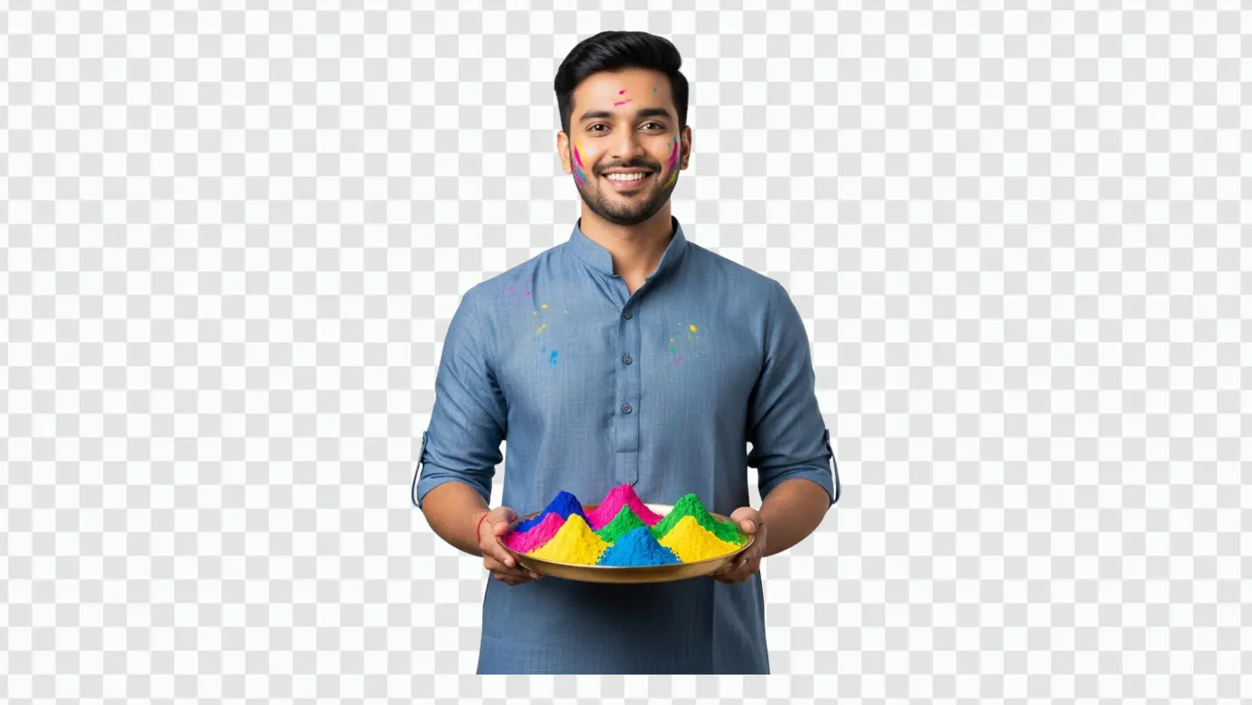 Smiling Indian Man Holding Holi Color Plate PNG Clipart