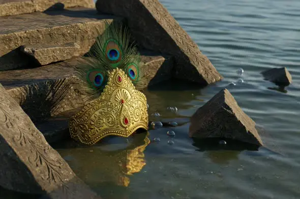 Peacock Crown Floating Among Submerged Temple Stones