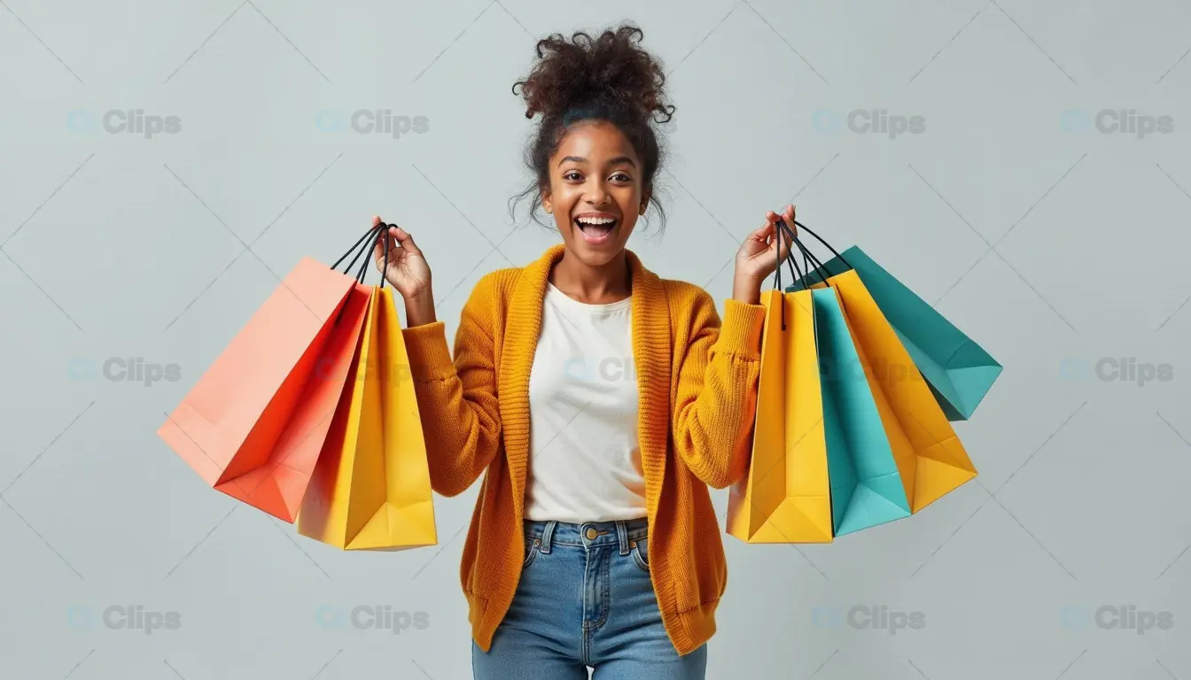 Excited Woman Holding Multiple Colorful Shopping Bags