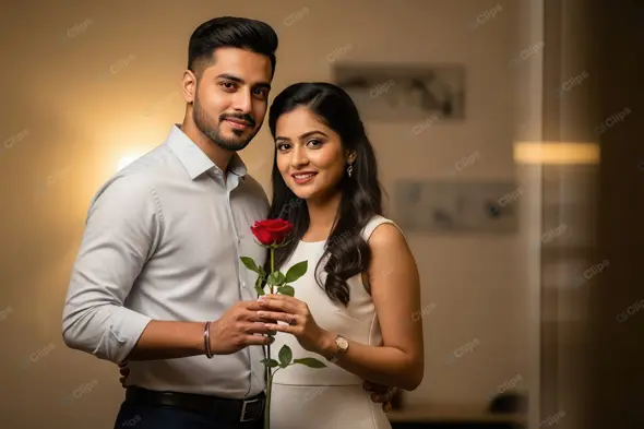 Elegant Indian Couple Celebrating with a Red Rose