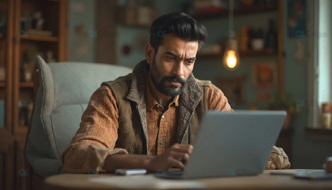 Man Focused on Laptop in Cozy Home Office