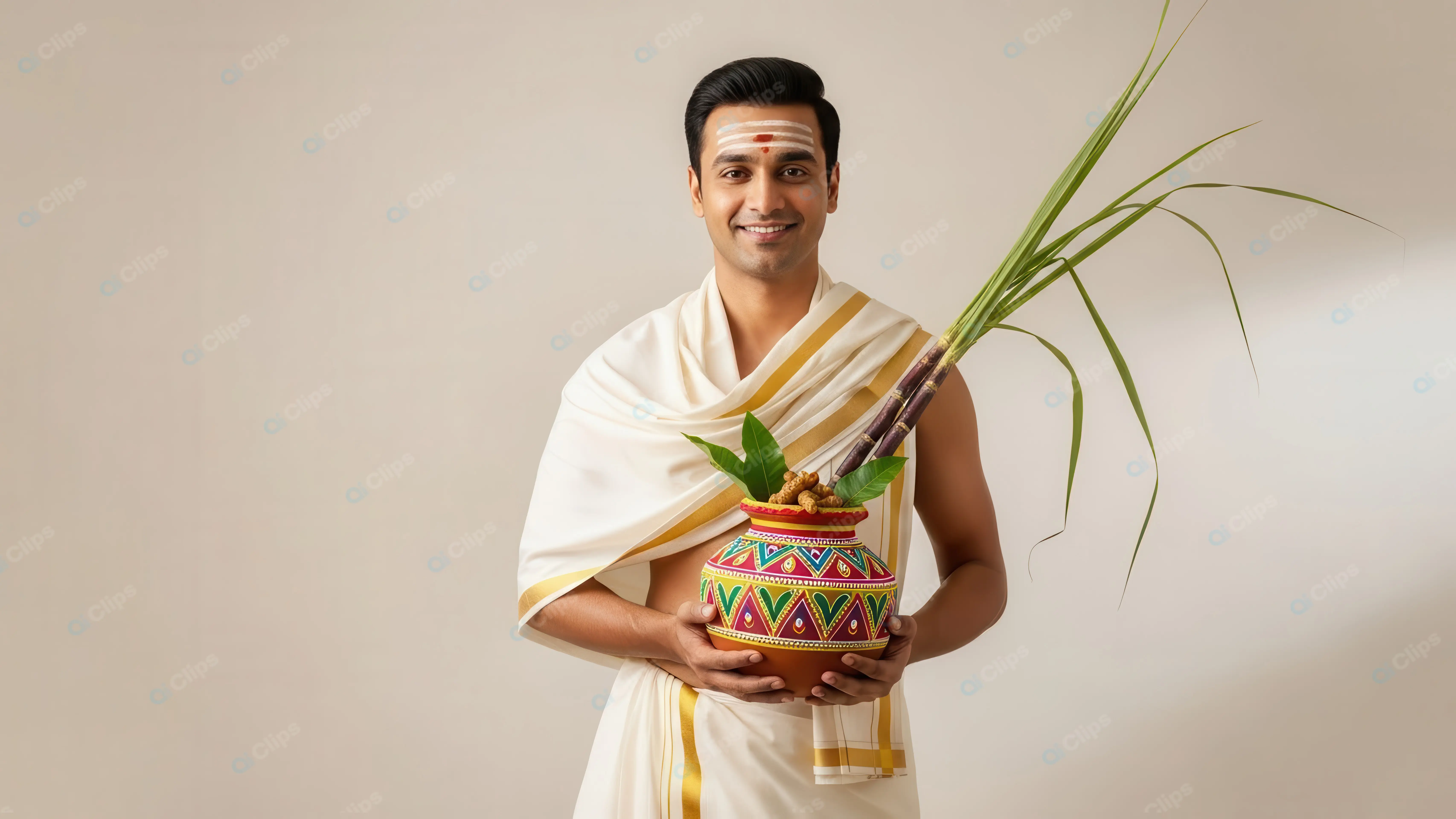 South Indian Man with Traditional Pongal Harvest Offering