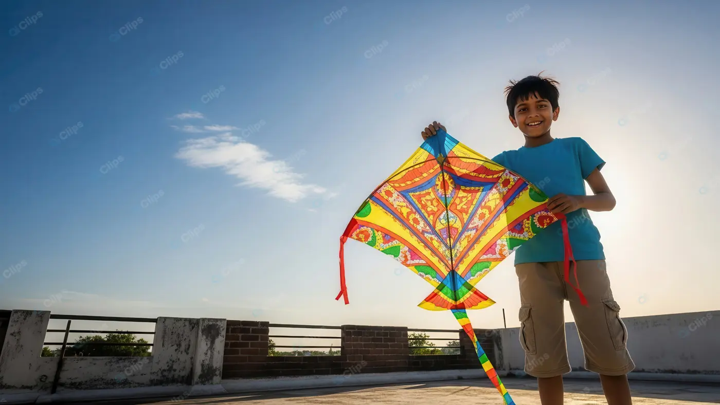 Joyful Indian Boy with Traditional Kite on a Rooftop