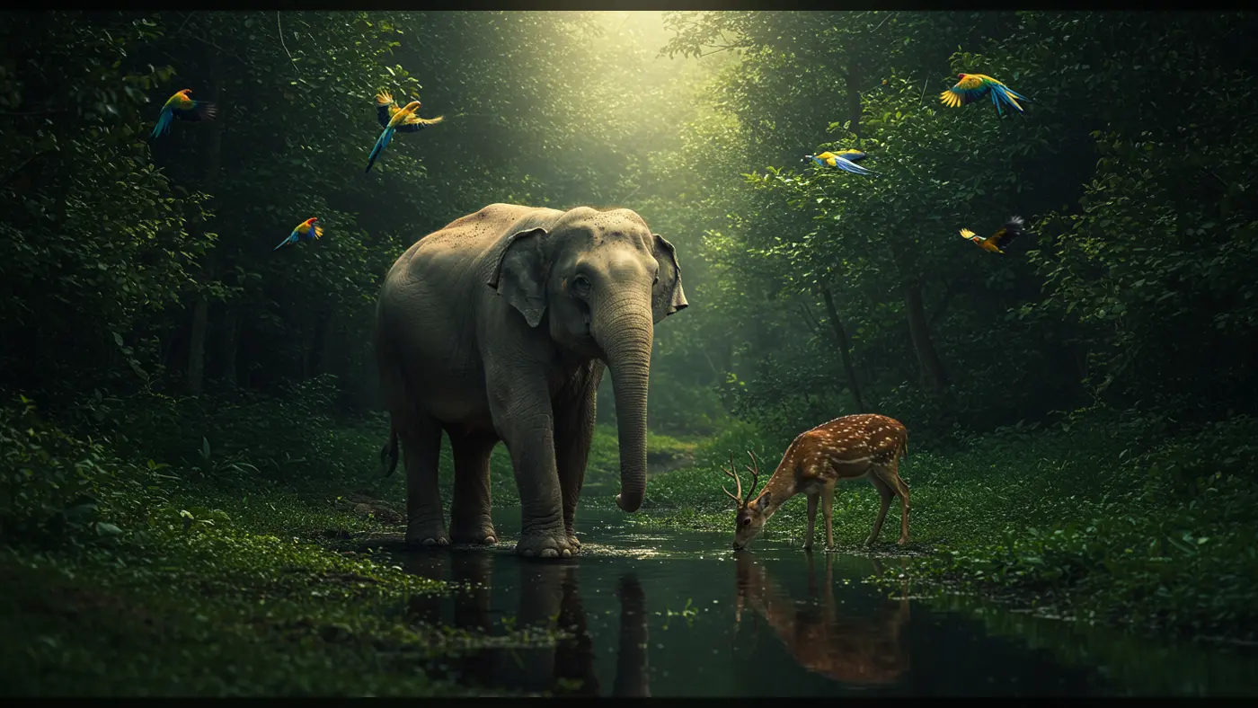 Elephant, Deer, and Parrots in a Lush Jungle Clearing