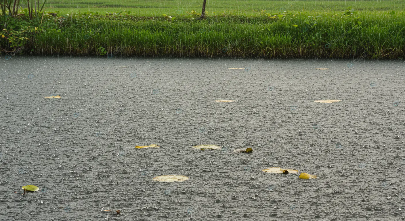 Raindrop-Speckled Pond Landscape