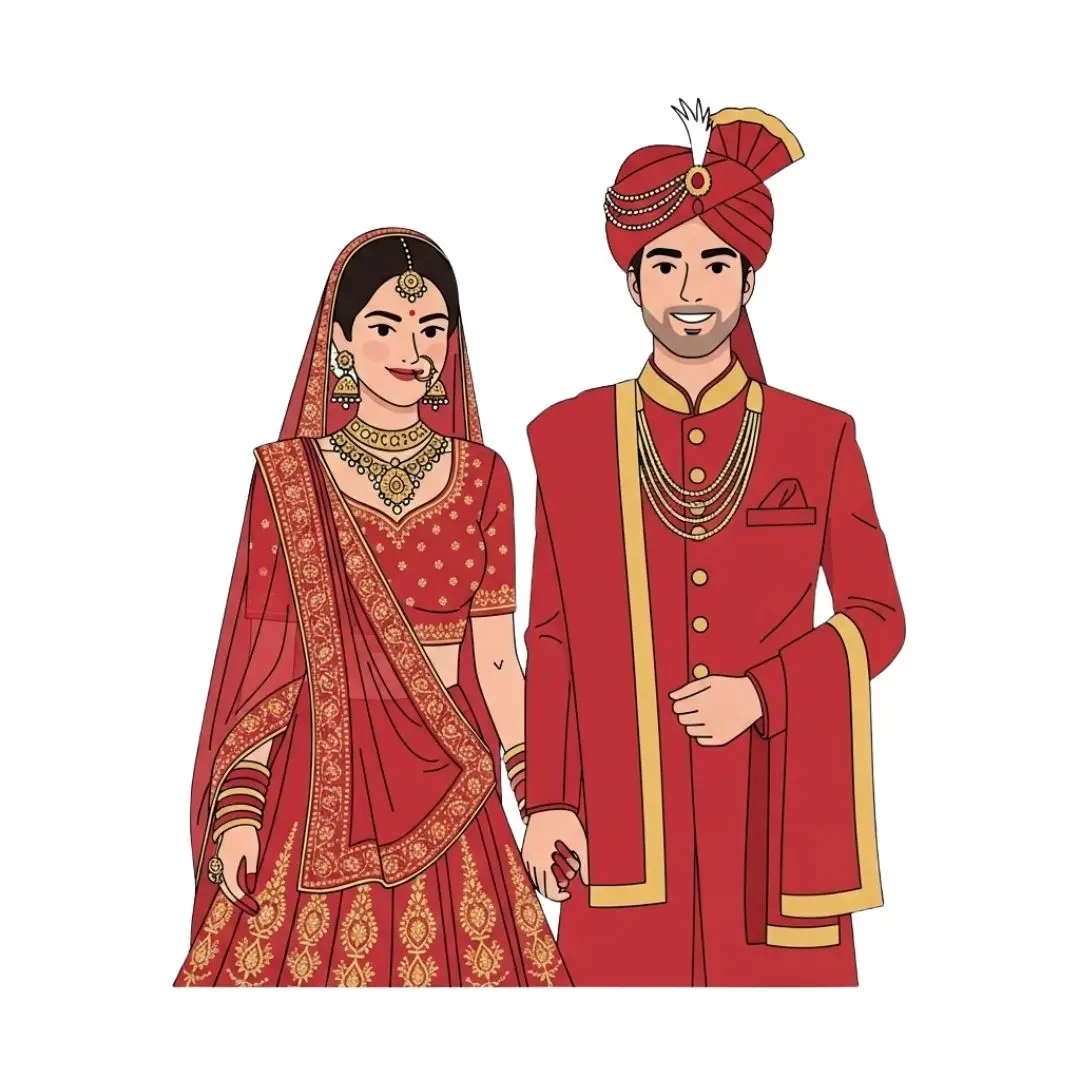 Illustrated Indian Wedding Couple in Red Attire PNG