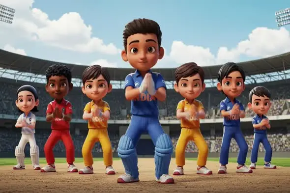 Animated Cricket Team Characters in Stadium Formation