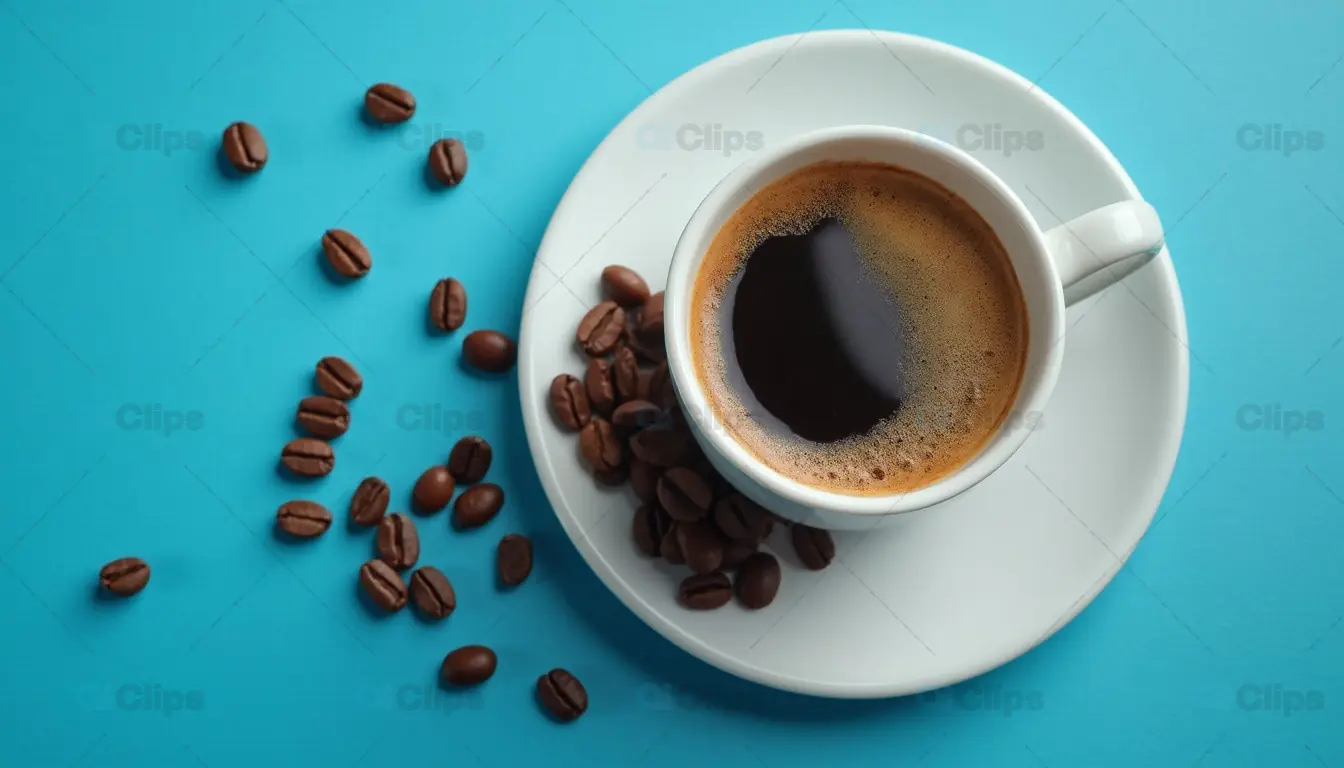 Cup of Coffee with Coffee Beans on Blue Background