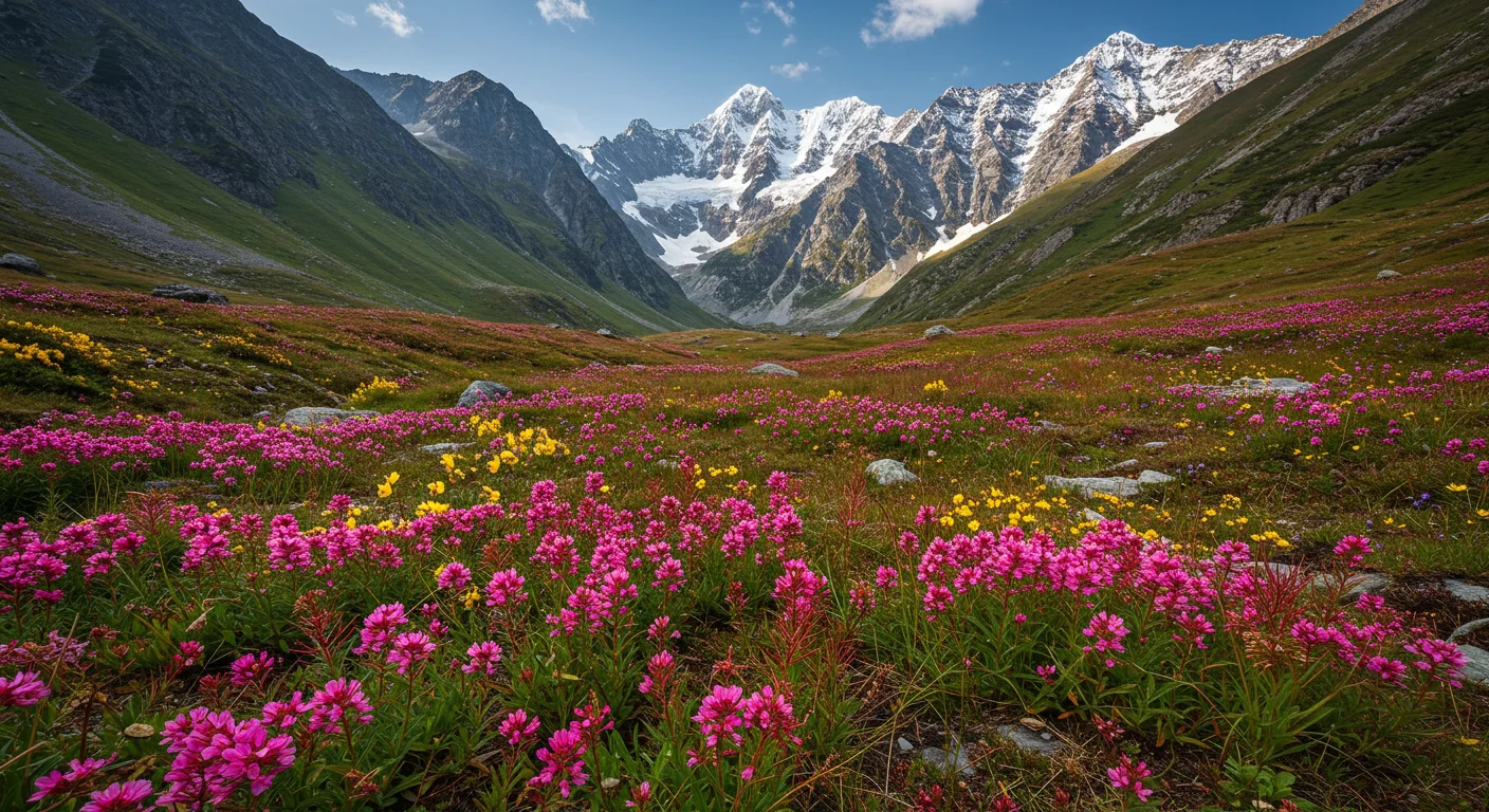 Blooming Himalayan Valley with Snow-Capped Peaks and Alpine Flowers