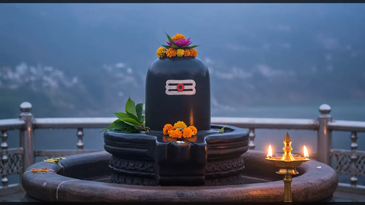 Sacred Shivling with Brass Lamp at Hilltop Temple | AIClips Spiritual India