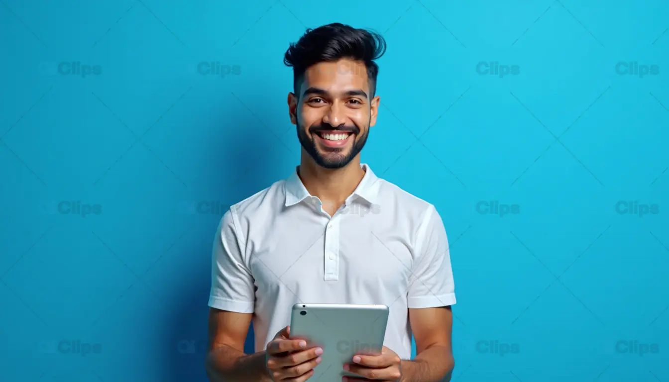 Smiling Man with Smartphone and Tablet