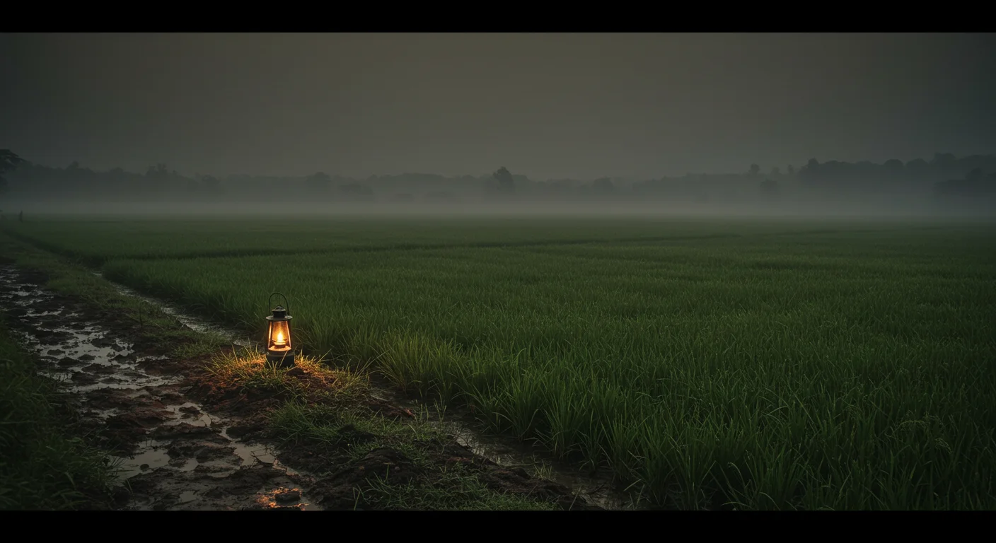 Foggy Paddy Field at Dawn with Lantern – Indian Village Moodscape
