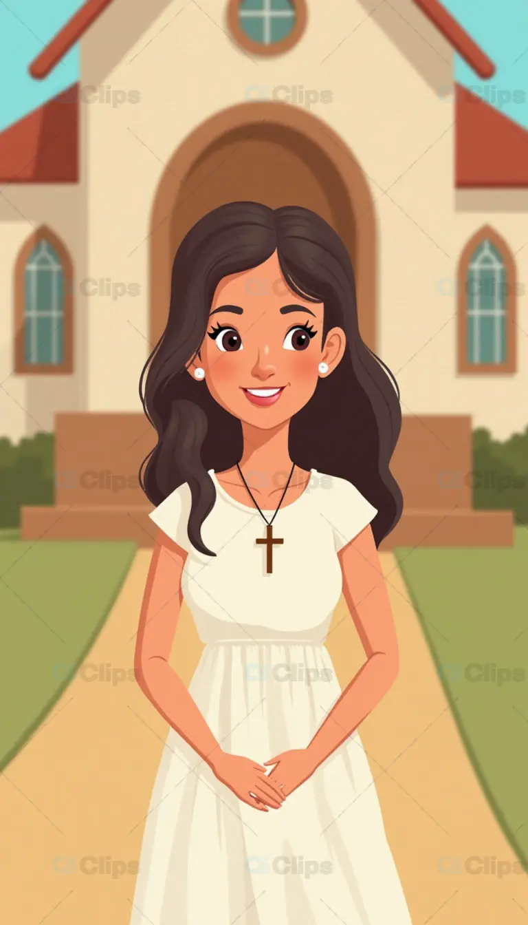Cartoon Woman Smiling in White Dress with Cross Necklace in Front of Church