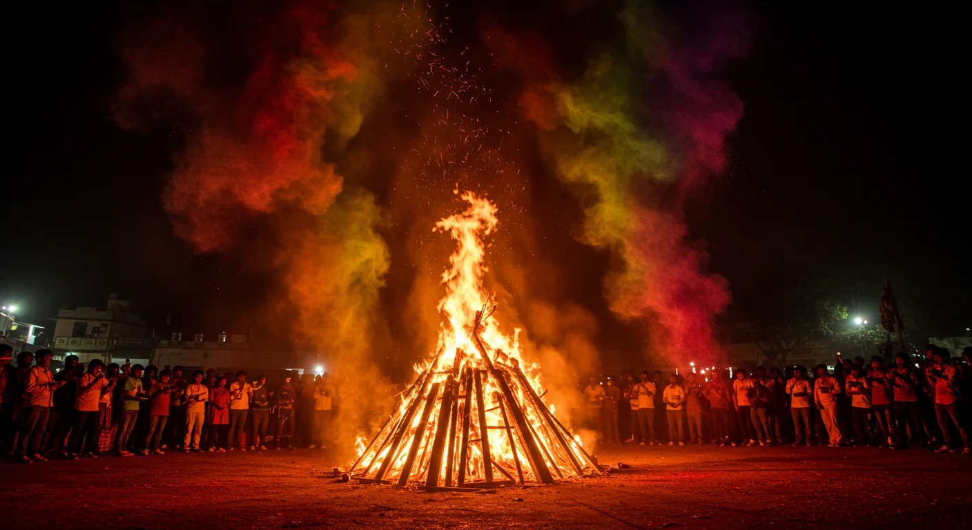 Vibrant Holika Dahan Bonfire Celebration with Colorful Smoke | AIClips Indian Festival Night
