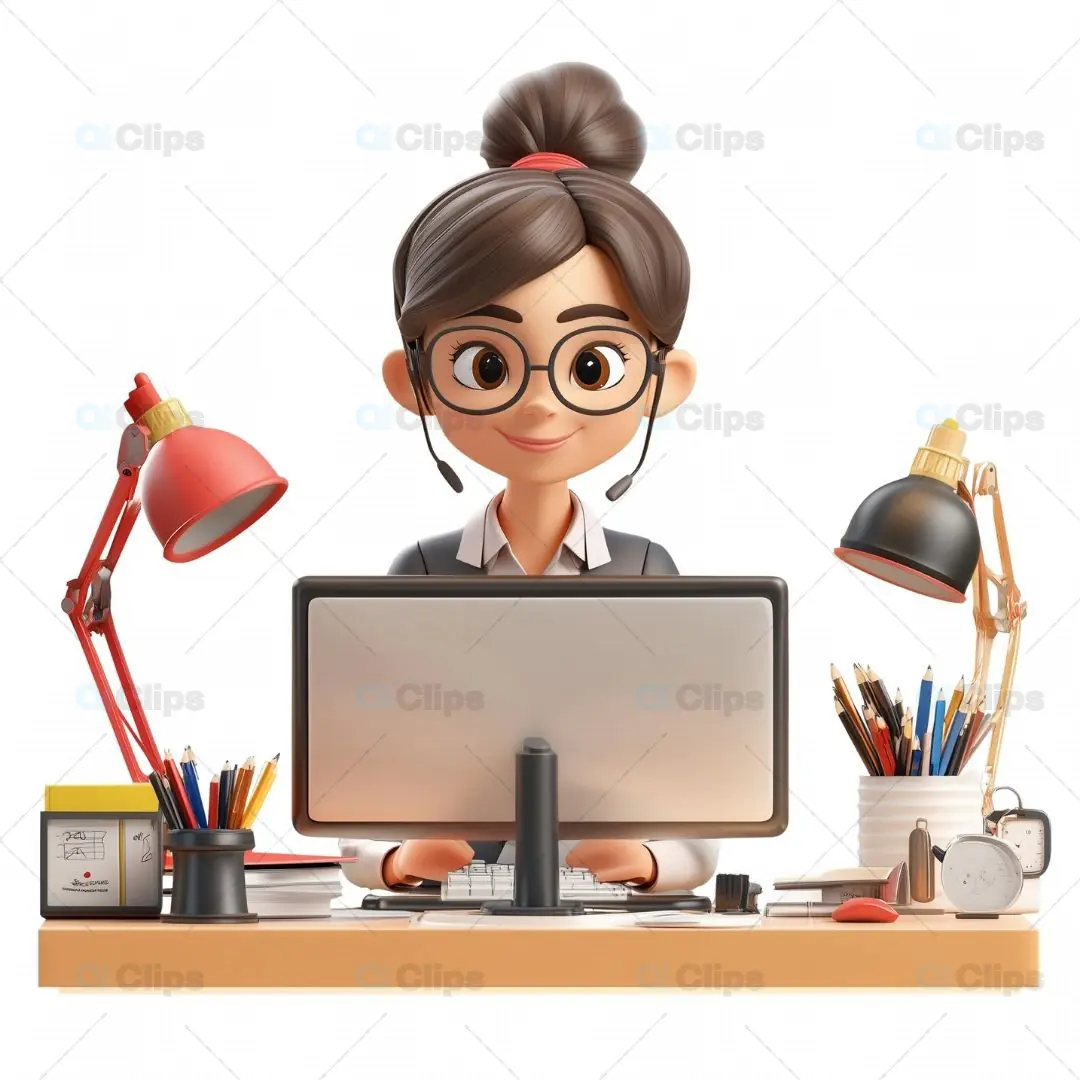 3D Female Office Worker at Desk