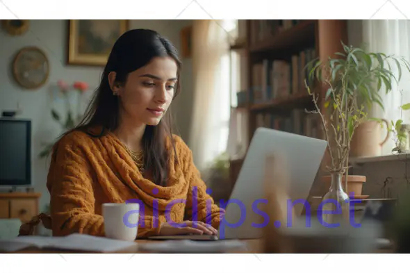 Woman Working on Laptop at Home Office